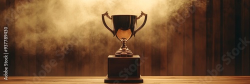 Golden Trophy on Wooden Table with Smoky Background - A shiny golden trophy sits on a wooden table, bathed in a soft, warm light with a smoky background. The trophy represents victory, achievement, an photo