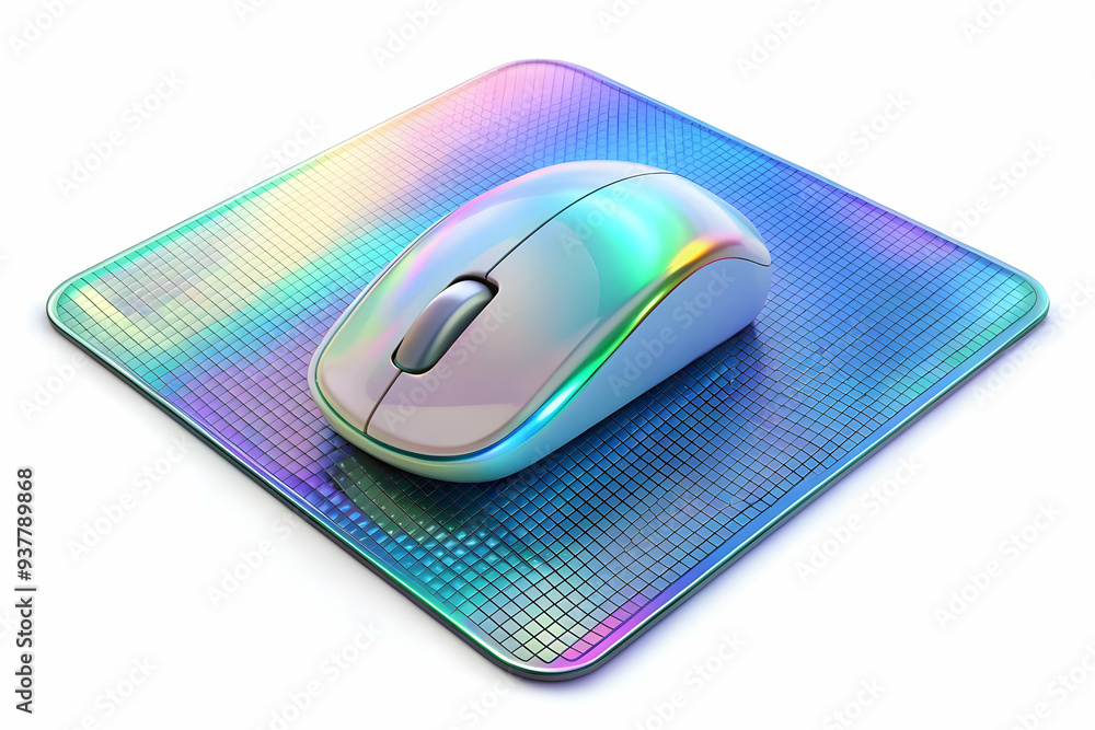 Flat Vector Illustration: Glossy Holographic Mouse on Digital Mat Concept - Smart Business Tone, Isolated on White Background, Ambient Light Glow - Adobe Stock Flat Vector Illustration: Glossy Holographic Mouse on Digital Mat Concept - Smart Business Tone, Isolated on White Background, Ambient Light Glow - Adobe Stock