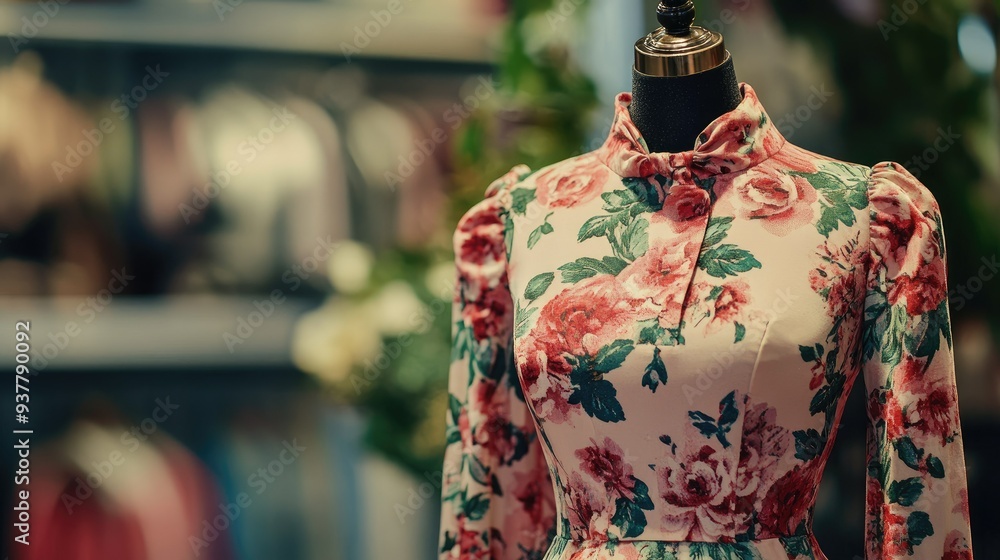Trendy European floral dress on a mannequin, front view, no people, ample space for copy, set against a clean backdrop. Trendy European floral dress on a mannequin, front view, no people, ample space for copy, set against a clean backdrop.