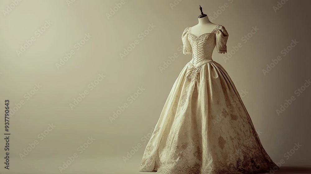 Elegant European princess dress, displayed on a mannequin, with room for text on a simple background. Elegant European princess dress, displayed on a mannequin, with room for text on a simple background.