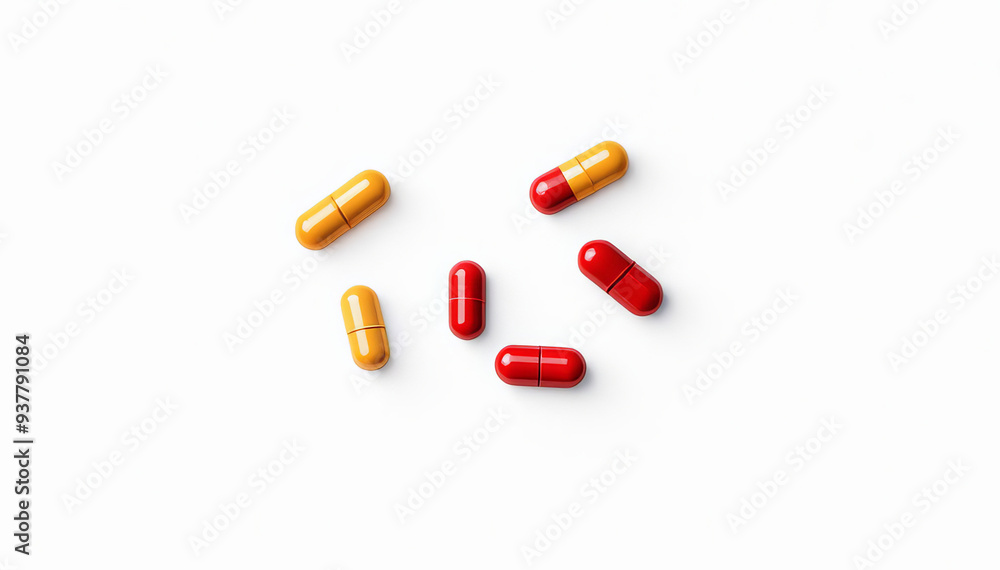 Several gold and red capsules on a white background, top view Several gold and red capsules on a white background, top view
