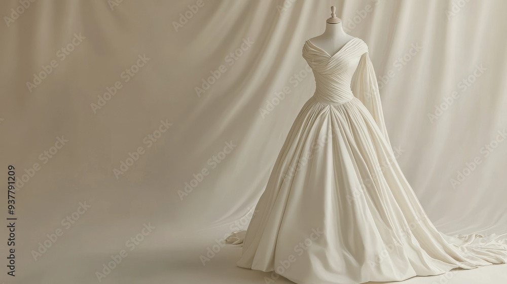 European princess dress with elegant drapery, showcased on a mannequin, with ample copy space on a plain backdrop. European princess dress with elegant drapery, showcased on a mannequin, with ample copy space on a plain backdrop.