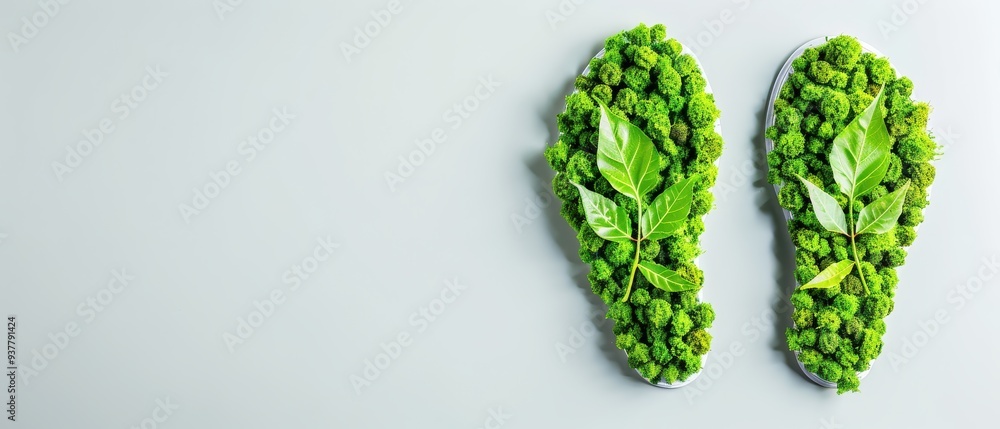 Eco-friendly footwear design, vibrant moss and leaves creating a green footprint, symbolizing sustainable living and environmental awareness. Eco-friendly footwear design, vibrant moss and leaves creating a green footprint, symbolizing sustainable living and environmental awareness.