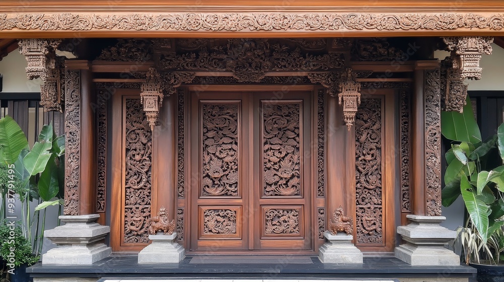 Fototapeta premium Intricate Carved Wooden Doorway in Traditional Asian Architecture - A traditional Asian doorway with intricate wood carvings, showcasing craftsmanship and cultural heritage. The door is a symbol of en
