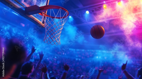 A thrilling moment in basketball with a soaring ball and cheering crowd. The vibrant lights and fog create an electrifying atmosphere. This image captures sports excitement perfectly. AI
