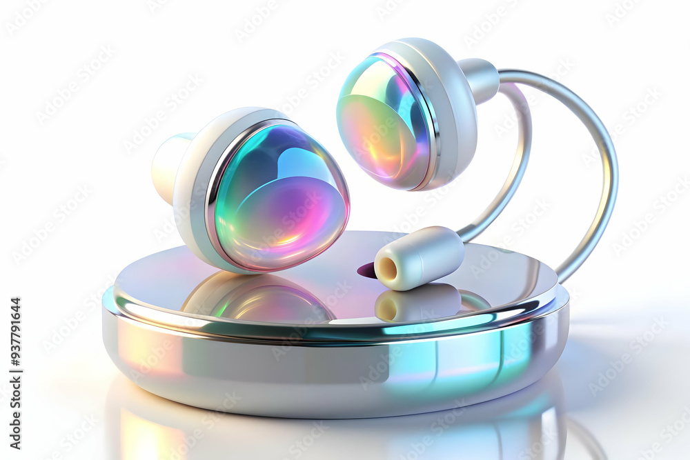 Flat Holographic Earphones on Glossy Dock Concept: Futuristic Smart Business Vector Illustration with Ambient Light, Isolated on White Background Flat Holographic Earphones on Glossy Dock Concept: Futuristic Smart Business Vector Illustration with Ambient Light, Isolated on White Background