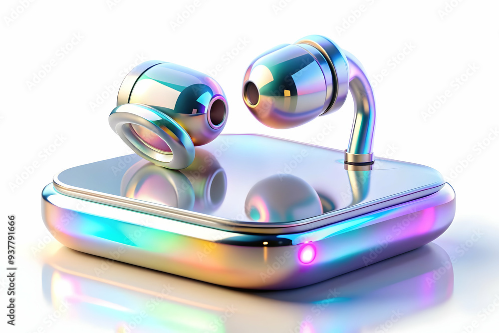 Flat Vector Illustration of Futuristic Holographic Earphones on Glossy Dock with Ambient Glowing Light - Smart Business Concept Flat Vector Illustration of Futuristic Holographic Earphones on Glossy Dock with Ambient Glowing Light - Smart Business Concept
