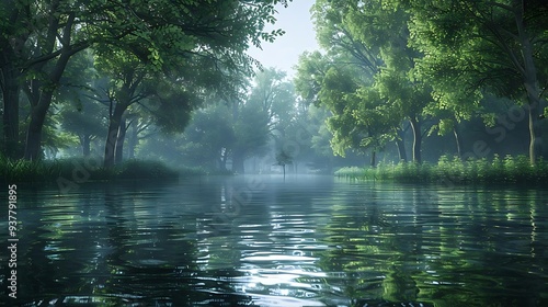 A serene river scene surrounded by lush greenery and mist, evoking tranquility and connection with nature.