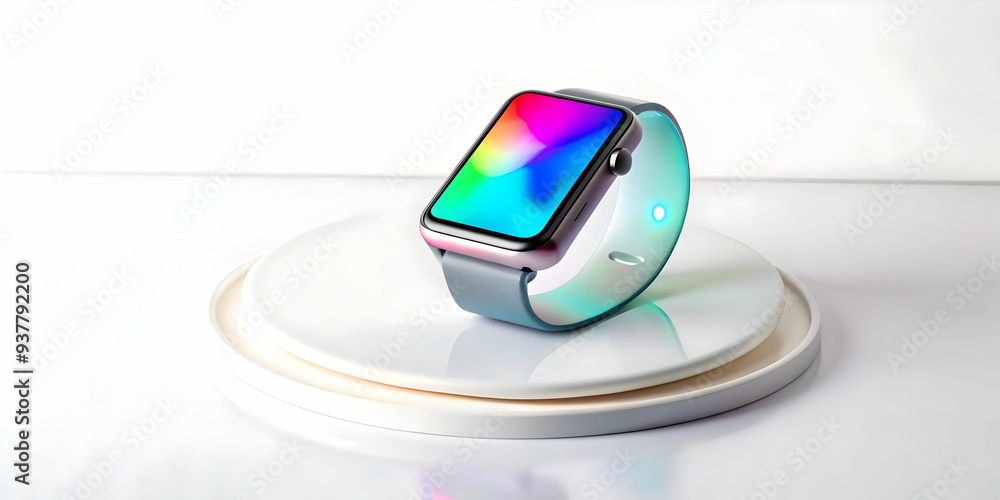 Flat Holographic Smartwatch on Glossy Charging Pad - Futuristic Smart Business Concept in Simple Flat Vector Illustration Flat Holographic Smartwatch on Glossy Charging Pad - Futuristic Smart Business Concept in Simple Flat Vector Illustration