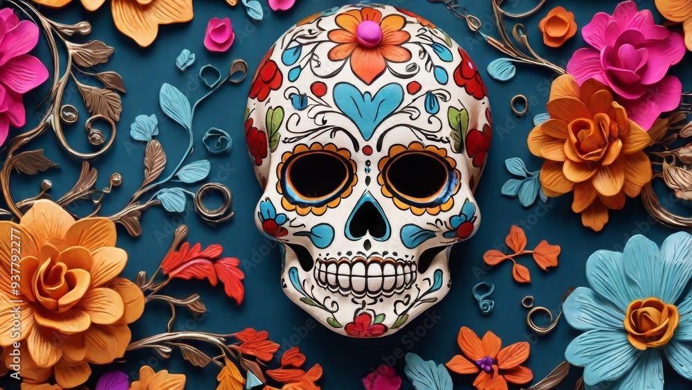 Day of the dead celebration background with colorful sugar skulls and flowers Day of the dead celebration background with colorful sugar skulls and flowers