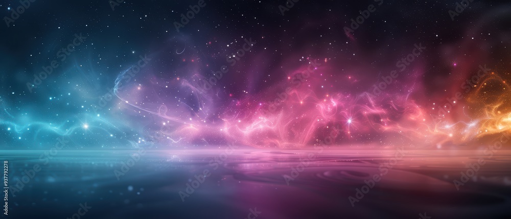 Cosmic Serenity, a mesmerizing cosmic landscape filled with swirling nebulae, vibrant colors of blue and pink, and shimmering stars reflecting on a tranquil surface. Cosmic Serenity, a mesmerizing cosmic landscape filled with swirling nebulae, vibrant colors of blue and pink, and shimmering stars reflecting on a tranquil surface.