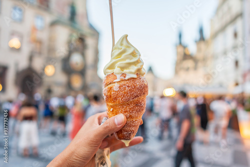 Chimney cake with ice cream in Prague photo