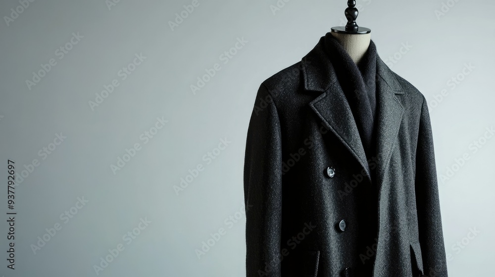 Stylish European winter coat on a mannequin, no people, with ample copy space on a clean, white background. Stylish European winter coat on a mannequin, no people, with ample copy space on a clean, white background.