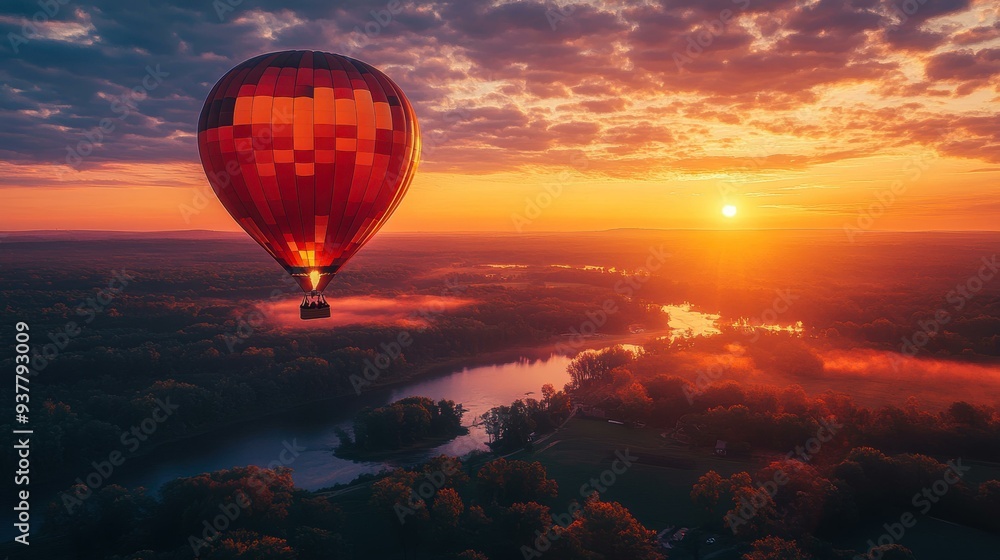 Obraz premium A vibrant hot air balloon floats over a serene landscape during a breathtaking sunset, ideal for travel promotions and adventure-themed advertisements,