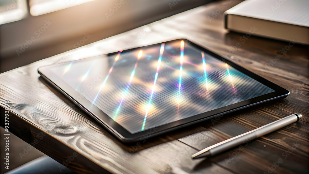 Modern Flat Vector Illustration of Holographic Tablet with Digital Pen Concept for Smart Business with Ambient Glowing Light - Isolated on White Background Modern Flat Vector Illustration of Holographic Tablet with Digital Pen Concept for Smart Business with Ambient Glowing Light - Isolated on White Background