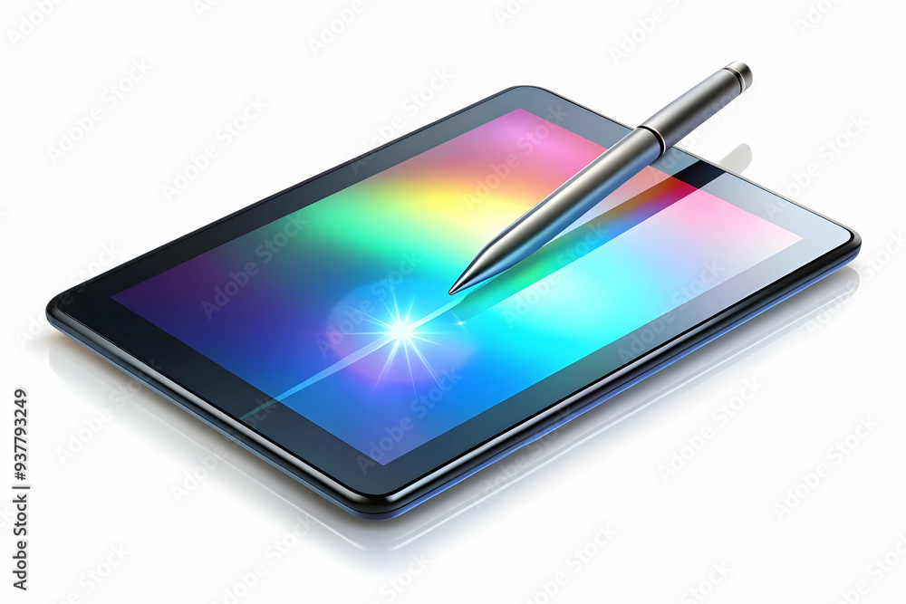 Flat Holographic Tablet and Digital Pen Concept - Smart Business Vector Illustration with Ambient Light on White Background Flat Holographic Tablet and Digital Pen Concept - Smart Business Vector Illustration with Ambient Light on White Background