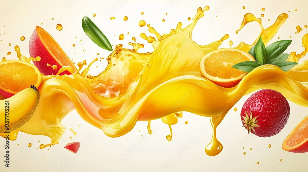 Orange juice splash with fruits and leaves. 3d realistic Stock ...