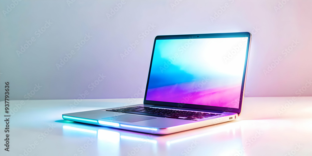 Flat Laptop on Holographic Platform Concept with Copy Space, Simple Vector Illustration in Smart Business Tone Flat Laptop on Holographic Platform Concept with Copy Space, Simple Vector Illustration in Smart Business Tone