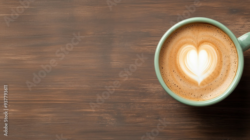 A cup of latte art with a heart shape design on a wooden table