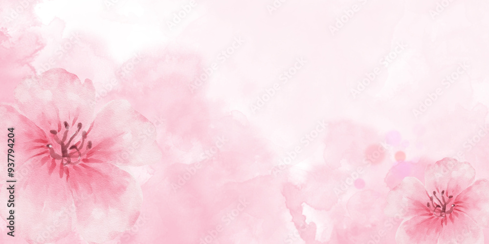 Abstract watercolor wash pastel pink texture with pink flowers edge background Abstract watercolor wash pastel pink texture with pink flowers edge background