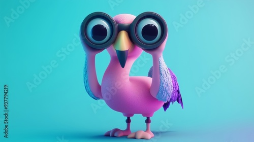 A Whimsical Flamingo Character Exploring with Binoculars