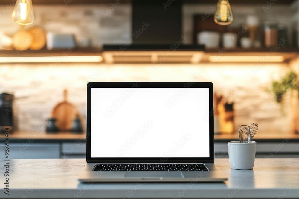 Blank white screen mock up of laptop computer on table with copy space on blurred kitchen background with generative ai Blank white screen mock up of laptop computer on table with copy space on blurred kitchen background with generative ai