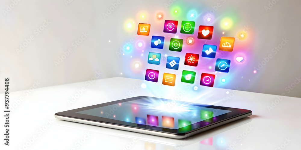 Flat Tablet with Holographic Icons Concept - Smart Business Tone | Vector Illustration of Tablet with Floating App Icons in Soft Glowing Light on White Background Flat Tablet with Holographic Icons Concept - Smart Business Tone | Vector Illustration of Tablet with Floating App Icons in Soft Glowing Light on White Background