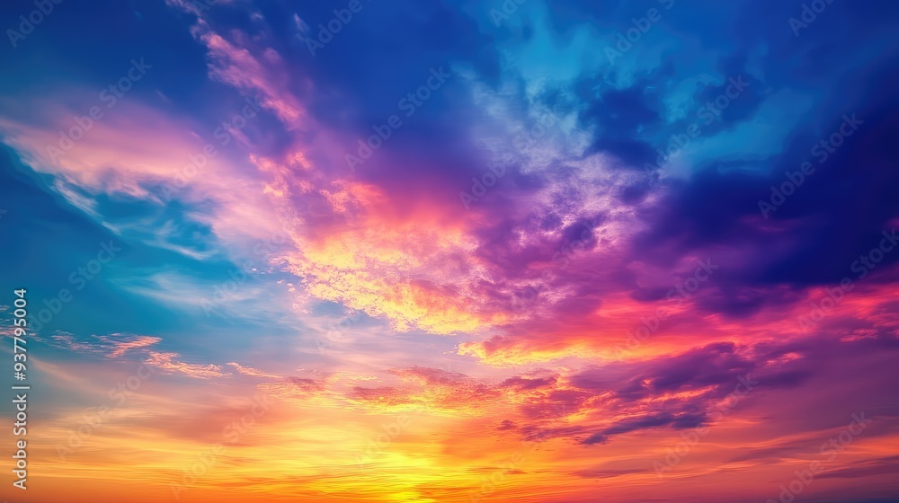A colorful sky with prismatic clouds showcasing a gradient of hues from sunrise to sunset. A colorful sky with prismatic clouds showcasing a gradient of hues from sunrise to sunset.