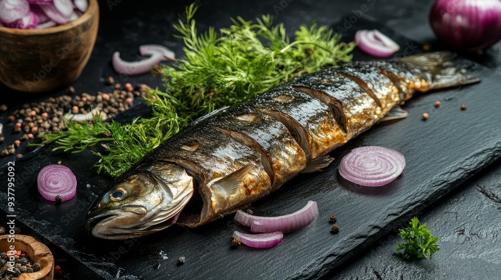Book of cold-smoked fish, silver carp, greens, and onions on a black board Book of cold-smoked fish, silver carp, greens, and onions on a black board