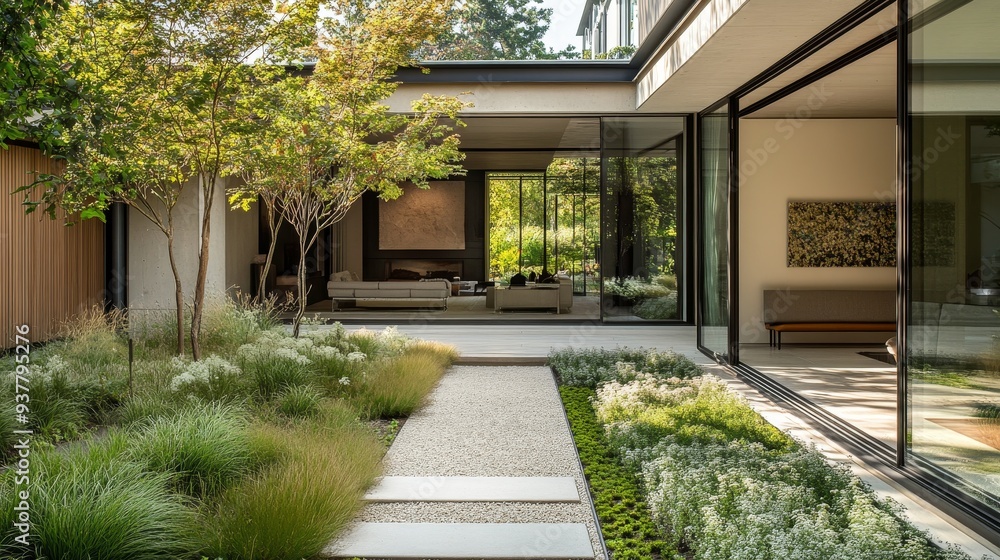 Modern Courtyard Garden with Stone Path and Greenery - A tranquil courtyard garden features a stone path leading through lush greenery, showcasing a minimalist modern design with an open-air feel. Modern Courtyard Garden with Stone Path and Greenery - A tranquil courtyard garden features a stone path leading through lush greenery, showcasing a minimalist modern design with an open-air feel.