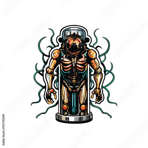 A horrifying, biomechanical alien encased in a glass tube.