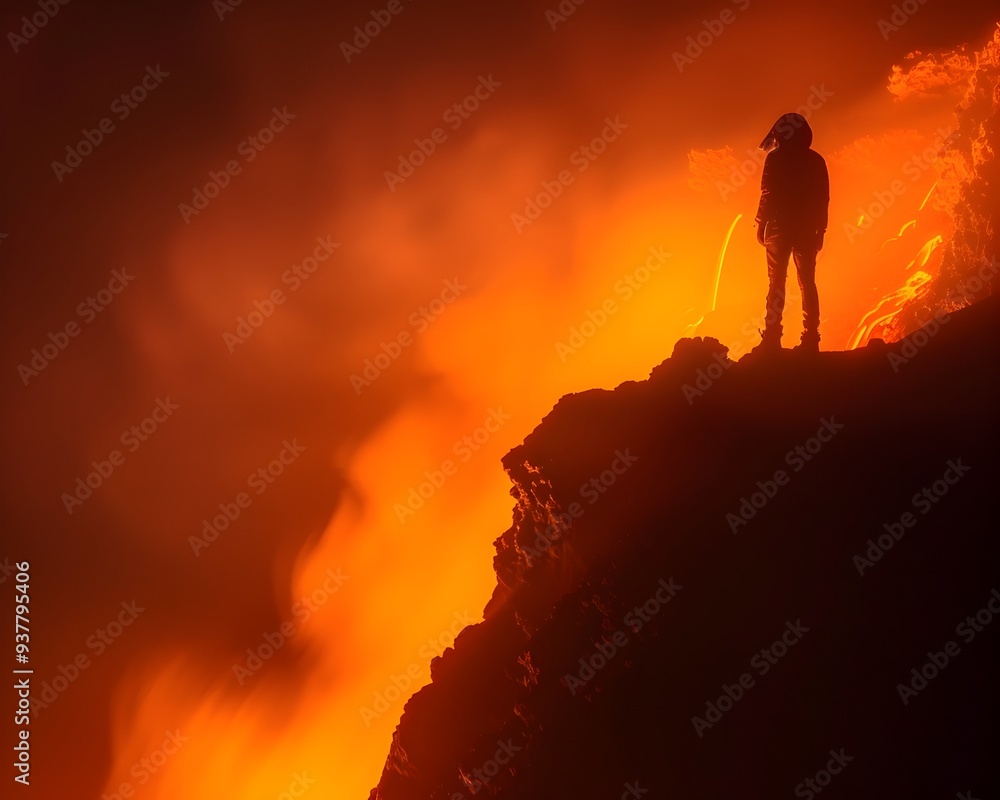 Silhouetted Figure at the Brink of a Glowing Volcanic Landscape in the Dark Silhouetted Figure at the Brink of a Glowing Volcanic Landscape in the Dark