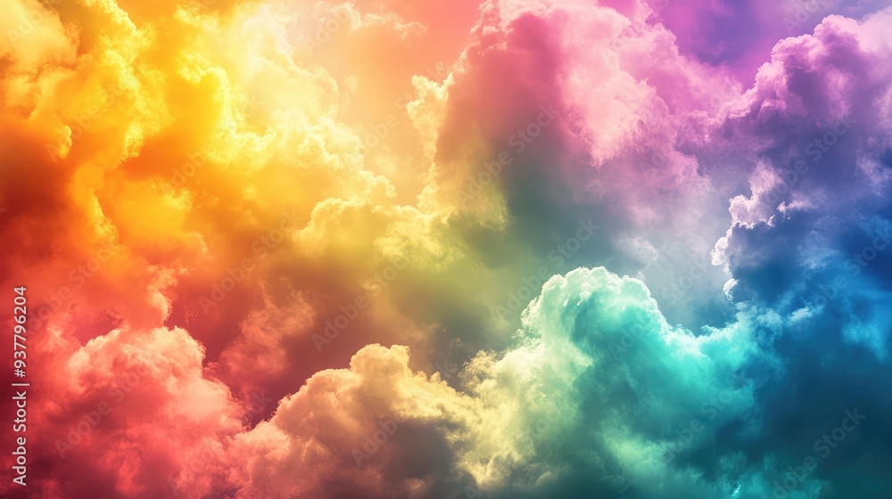 A vibrant sky filled with prismatic clouds displaying a spectrum of colors, creating a surreal and dreamlike atmosphere. A vibrant sky filled with prismatic clouds displaying a spectrum of colors, creating a surreal and dreamlike atmosphere.