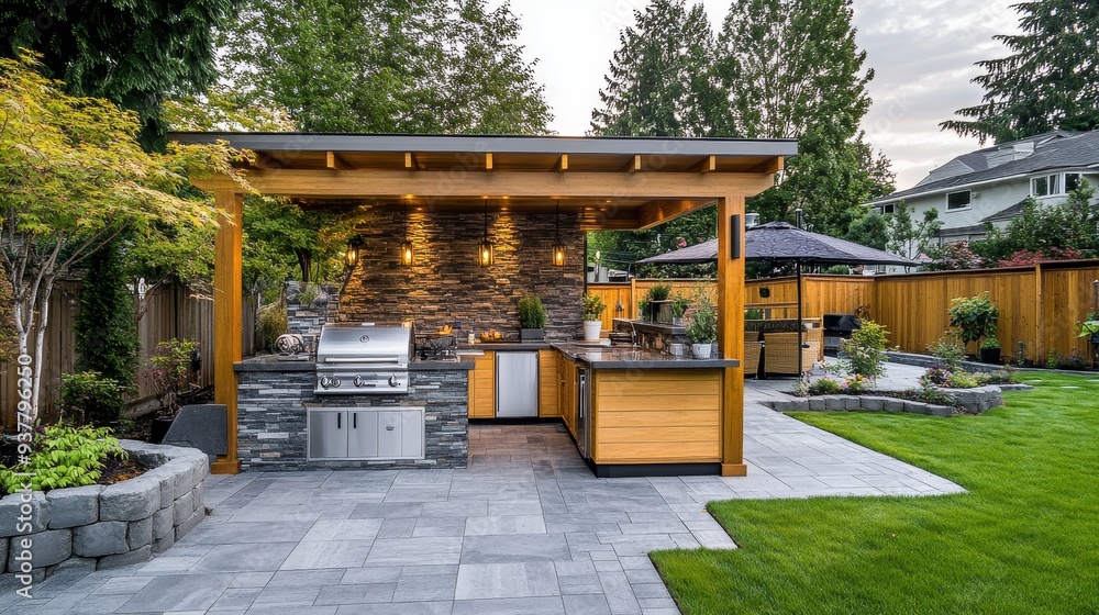 Naklejka premium Modern Outdoor Kitchen with Pergola and Stone Wall - This image showcases a modern outdoor kitchen design with a pergola, stone wall, and stainless steel appliances. It features a sleek grill, cabinet