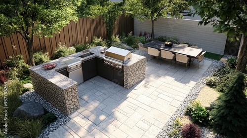 Modern Outdoor Kitchen and Patio Design with Stone Wall and Grill - A modern outdoor kitchen and dining area with a stone wall, grill, and patio. The space is perfect for entertaining guests and enjoy