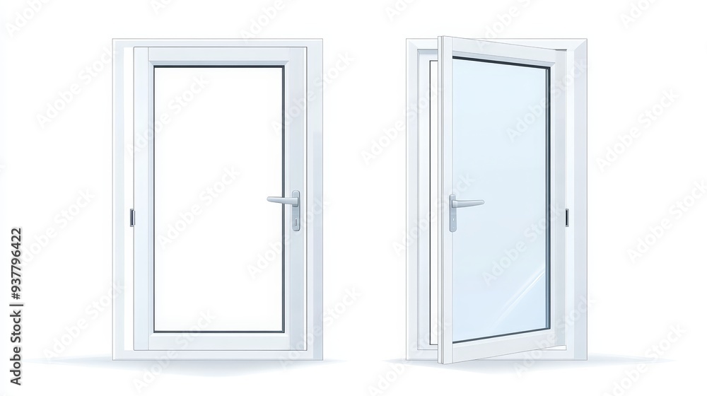 Modern White Door with Glass Panel, Open and Closed Positions - A modern, white door with a glass panel is shown in both an open and closed position. This image symbolizes new beginnings, openness, fr Modern White Door with Glass Panel, Open and Closed Positions - A modern, white door with a glass panel is shown in both an open and closed position. This image symbolizes new beginnings, openness, fr
