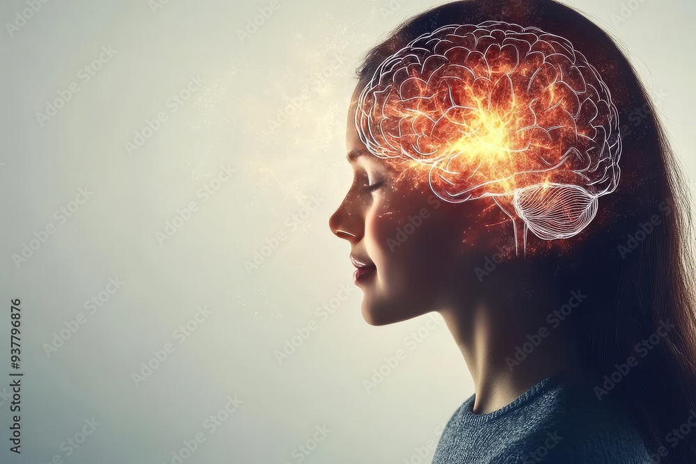 Side profile of a woman with an illuminated brain highlighting mental clarity thought processes and the intersection of human cognition with technological advancements Side profile of a woman with an illuminated brain highlighting mental clarity thought processes and the intersection of human cognition with technological advancements