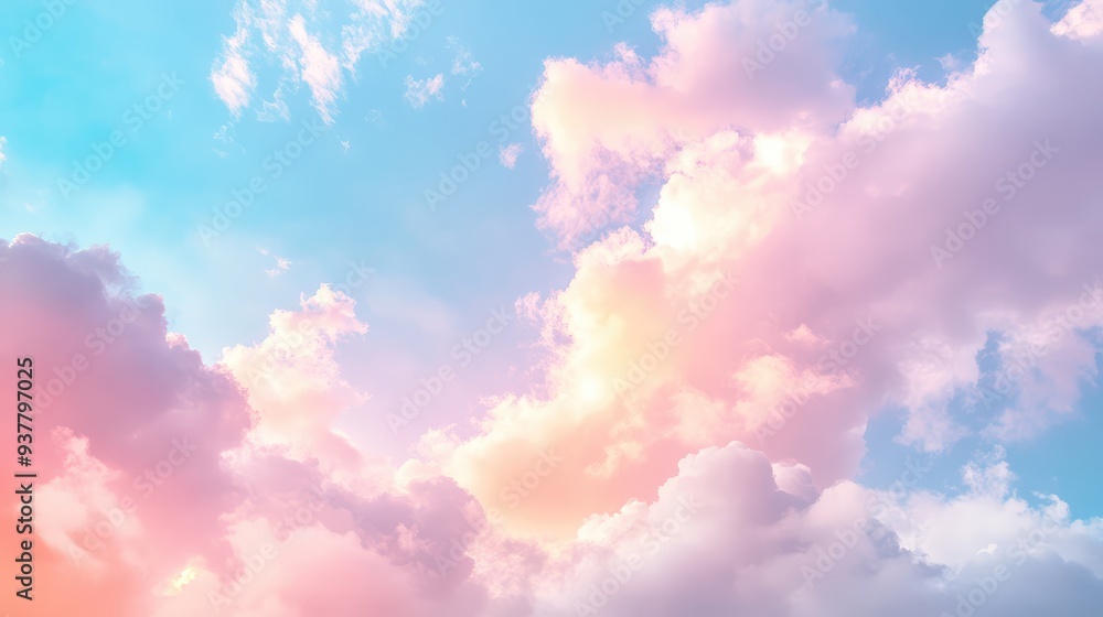 Dreamy prismatic clouds in pastel colors gently blending into a serene, clear sky for a peaceful effect. Dreamy prismatic clouds in pastel colors gently blending into a serene, clear sky for a peaceful effect.