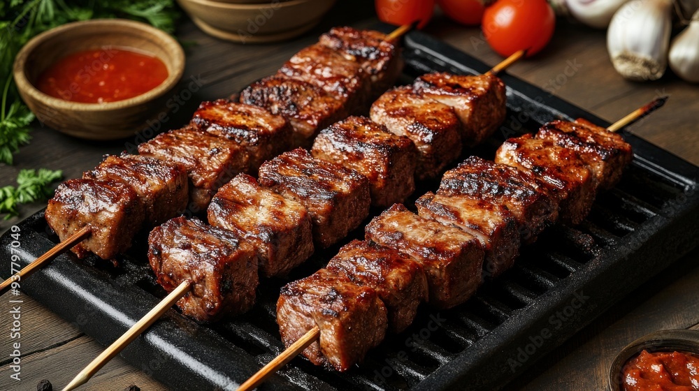 Shawarma skewers grilled and served with barbecue sauce Grilled meat with a smoke flavor. Beef, chicken flesh, and fat Shawarma skewers grilled and served with barbecue sauce Grilled meat with a smoke flavor. Beef, chicken flesh, and fat
