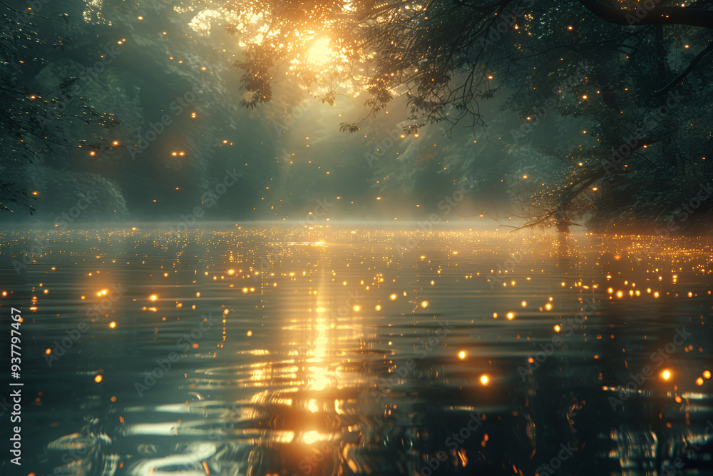a water with trees and lights a water with trees and lights