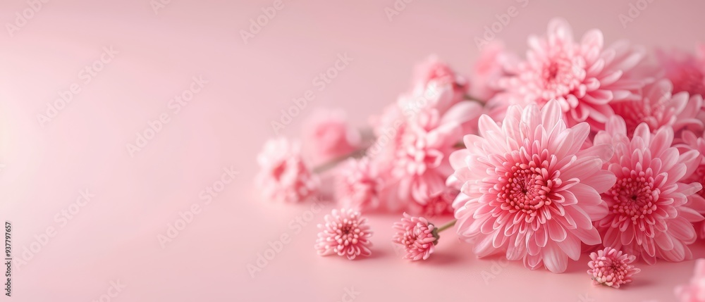 Delicate pink chrysanthemums display vibrant petals against a soft pink background, creating a serene and inviting floral arrangement perfect for any occasion. Delicate pink chrysanthemums display vibrant petals against a soft pink background, creating a serene and inviting floral arrangement perfect for any occasion.