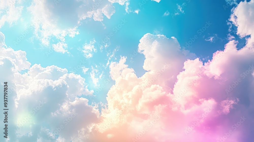 Soft, pastel-colored prismatic clouds drifting across a bright blue sky, creating a dreamy and light atmosphere. Soft, pastel-colored prismatic clouds drifting across a bright blue sky, creating a dreamy and light atmosphere.