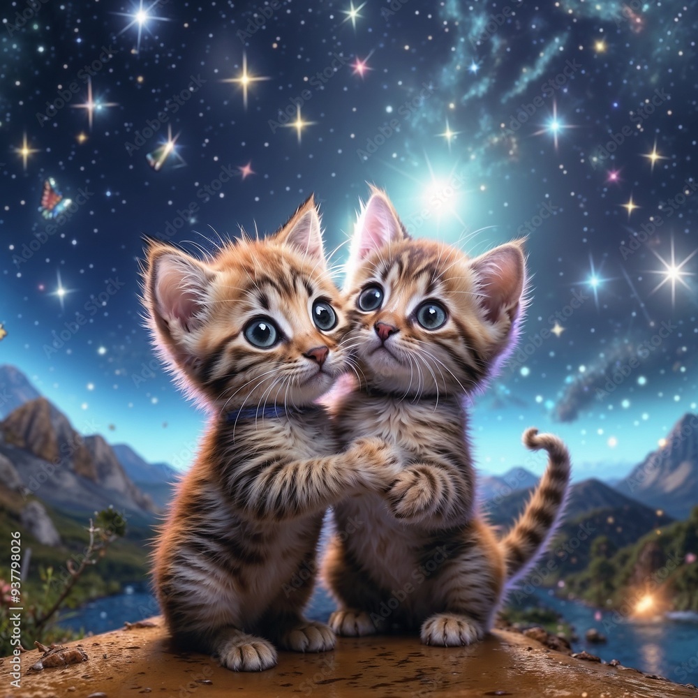 Two alien kittens hugging, mountains, sea, starry sky, Generative AI Two alien kittens hugging, mountains, sea, starry sky, Generative AI