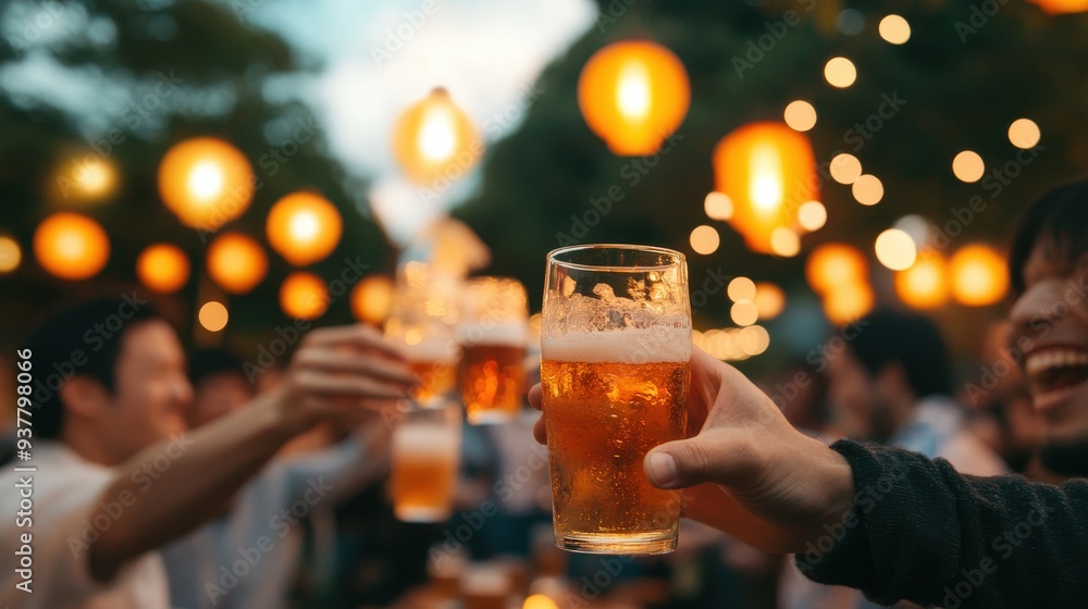 A joyful gathering of friends toasting with sake under glowing lanterns at an outdoor summer festival celebration. A joyful gathering of friends toasting with sake under glowing lanterns at an outdoor summer festival celebration.
