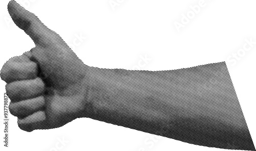 Halftone graphic of a hand giving a thumbs-up. Positive gesture, approval, success, and encouragement concept. Retro, pop art style illustration