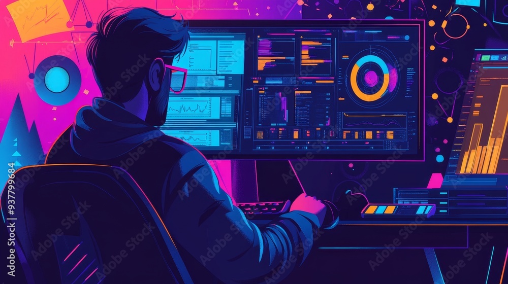Programmer Working on a Data Visualization Project in a Neon-Lit Room ...