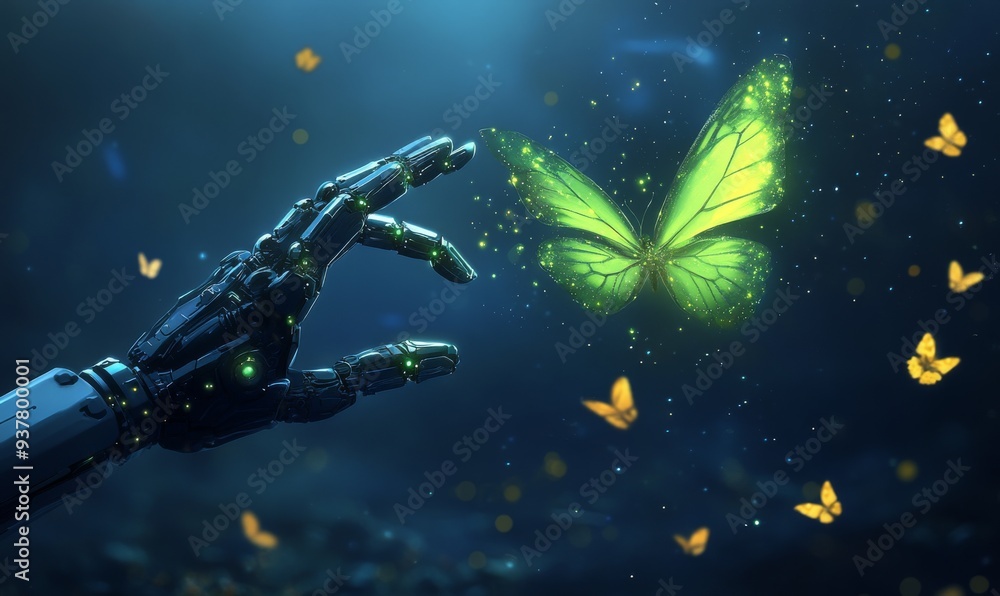 A robot hand reaching out to touch the glowing green butterfly flying in space A robot hand reaching out to touch the glowing green butterfly flying in space