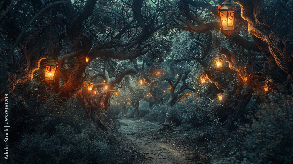 A dark forest path lined with twisted trees and glowing lanterns, leading to a mysterious destination A dark forest path lined with twisted trees and glowing lanterns, leading to a mysterious destination