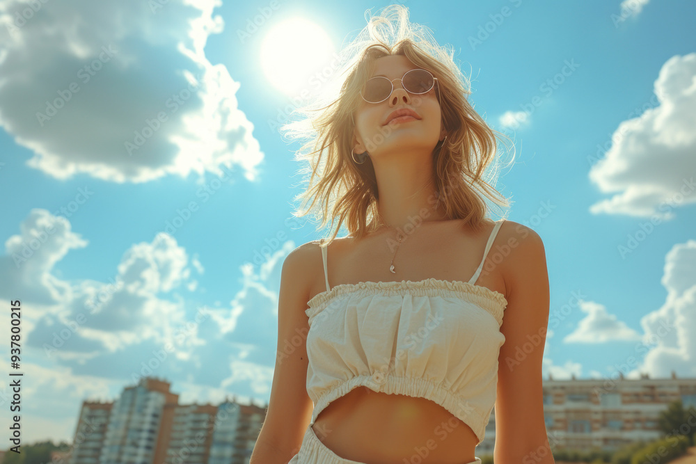 Naklejka premium Smiling woman enjoying sunlight in street wearing sunglasses
