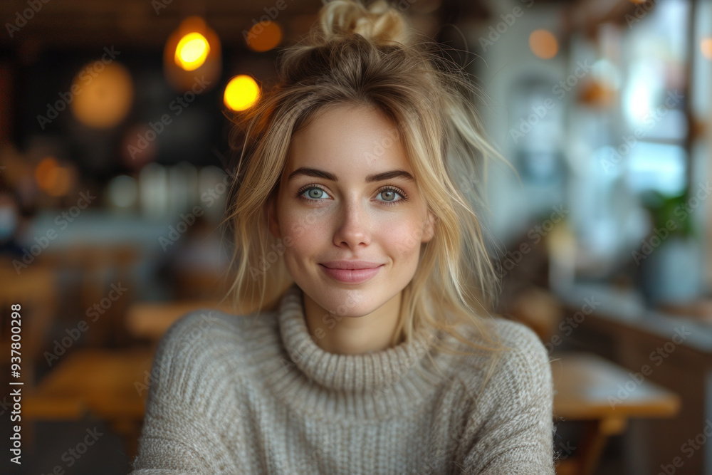 Smiling woman sitting in cozy cafe with soft lighting Smiling woman sitting in cozy cafe with soft lighting